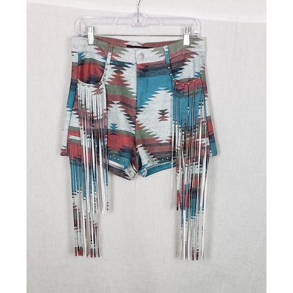 Lucky & Blessed Pants - Lucky & Blessed Aztec Print Fringe Studded Shorts M Western Coachella Festival